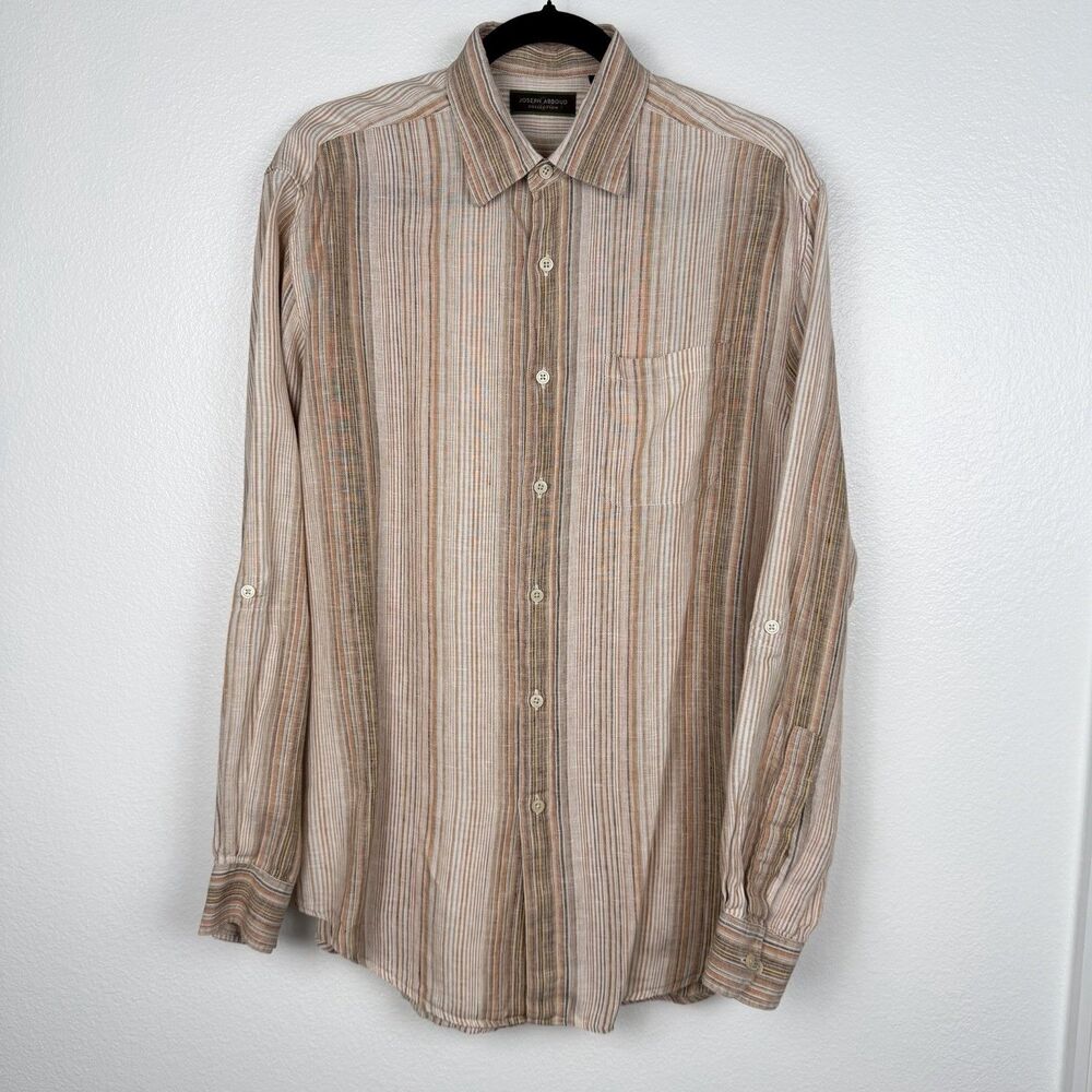 Joseph Abboud Men’s Striped Linen Shirt Long Sleeve Roll Tab Beach Preppy Large